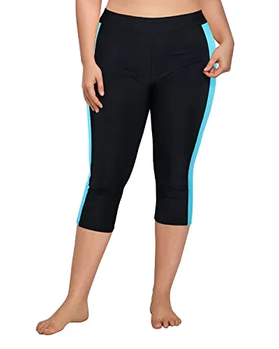 Plus Size Long Swim Shorts Elastic Waistband Swimming Leggings-Black
