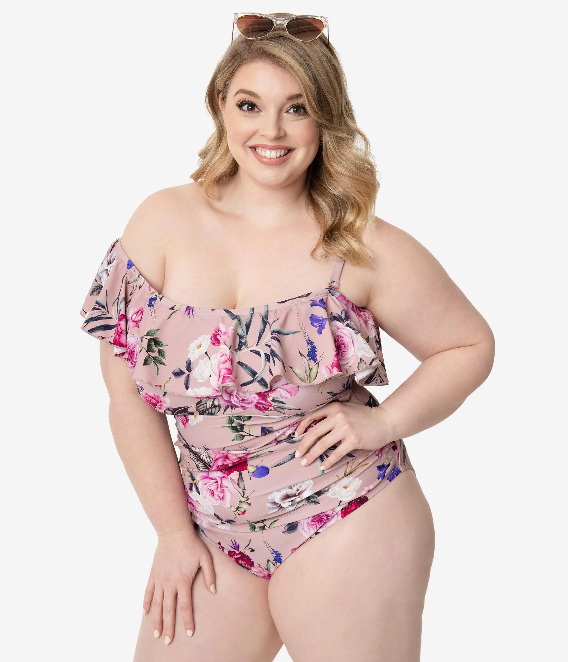 Plus Size Mauve Floral Off Shoulder Ruffle One Piece Swimsuit