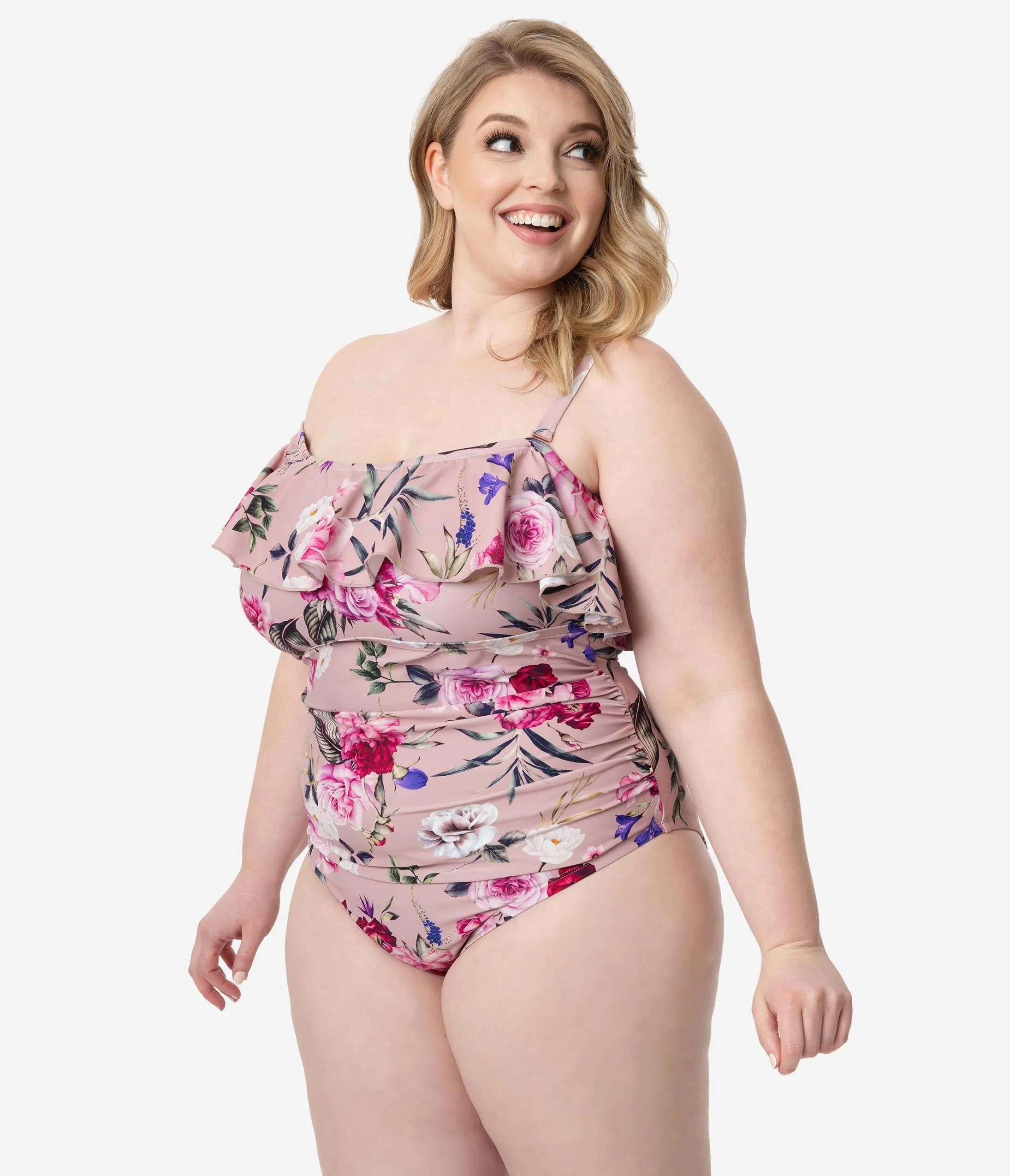 Plus Size Mauve Floral Off Shoulder Ruffle One Piece Swimsuit