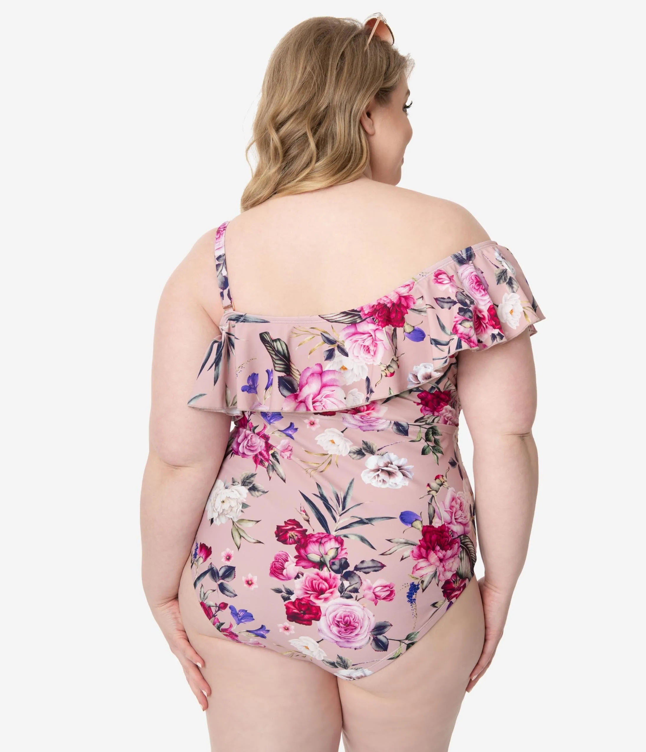 Plus Size Mauve Floral Off Shoulder Ruffle One Piece Swimsuit