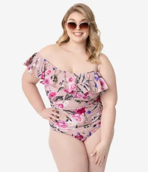 Plus Size Mauve Floral Off Shoulder Ruffle One Piece Swimsuit