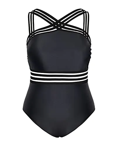 Plus Size One Piece Swimsuits High Neck Mesh Front Crossover Monokinis-Black