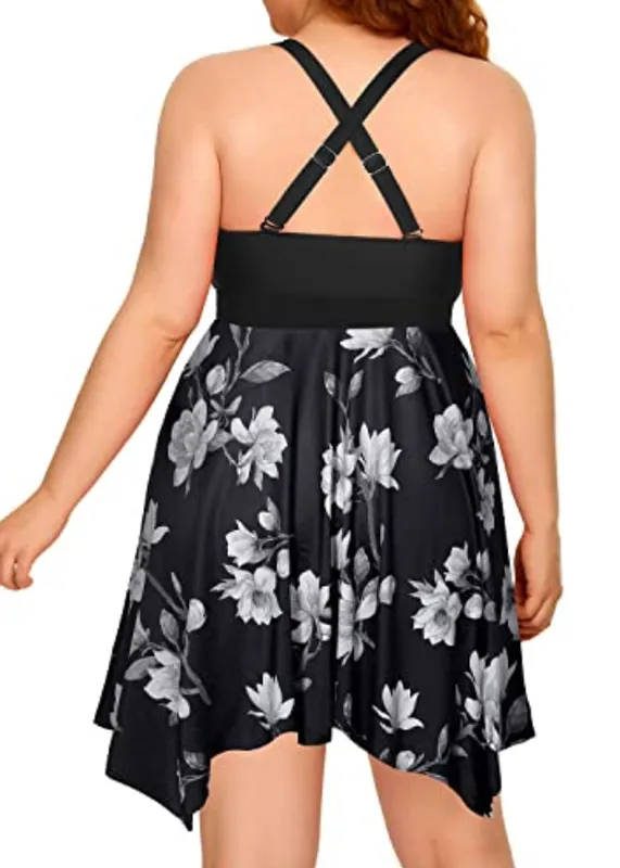 Plus Size Open Back Criss Cross Swimsuit Black Grey