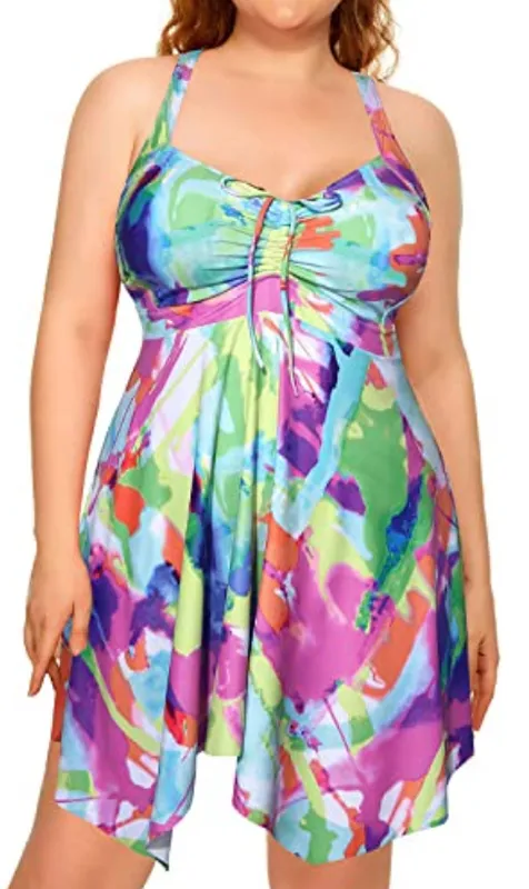 Plus Size Open Back Criss Cross Swimsuit Dark Multicolor