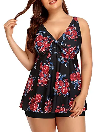 Plus Size Push Up Tankini Top Boy Shorts Tankini Set-Black And Red Floral