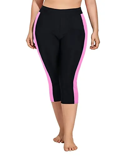 Plus Size Swim Capris Long Swim Shorts High Waisted Swim Pants-Black Pink