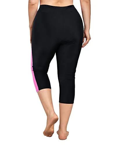 Plus Size Swim Capris Long Swim Shorts High Waisted Swim Pants-Black Pink