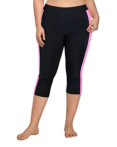 Plus Size Swim Capris Long Swim Shorts High Waisted Swim Pants-Black Pink