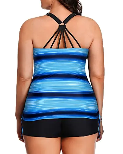 Plus Size Tankini Swimsuit Bathing Suit Top Shorts Athletic 2 Piece Swimwear-Blue And Black Stripe