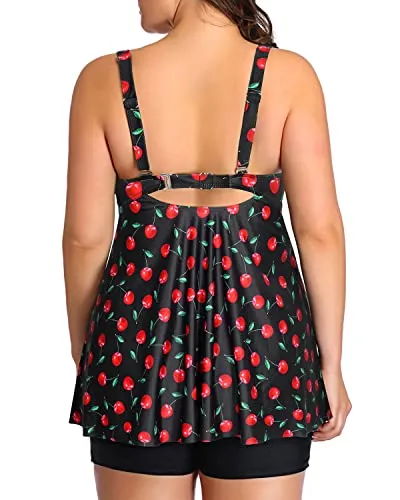Plus Size Tankini Swimsuits For Women Shorts Flyaway Bathing Suits-Black Cherry