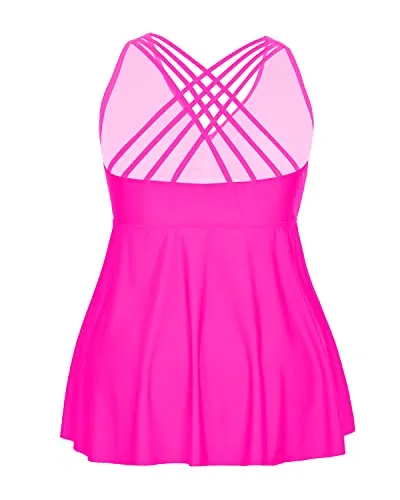 Plus Size Tankini Tops No Bottom Flowy Bathing Suit Top V Neck Swim Top-Neon Pink