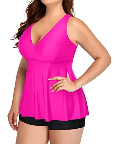 Plus Size Tankini Tops No Bottom Flowy Bathing Suit Top V Neck Swim Top-Neon Pink