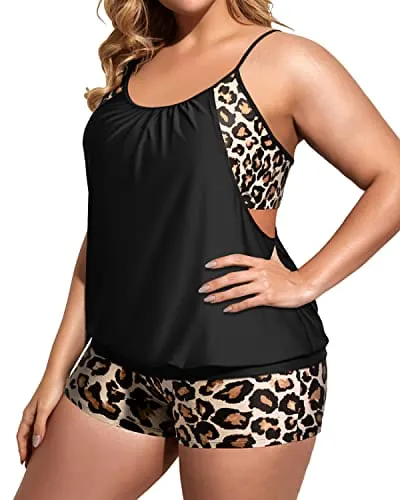 Plus Size Tummy Control Bathing Suits Push Up Tankini Top With Boy Shorts-Black Leopard