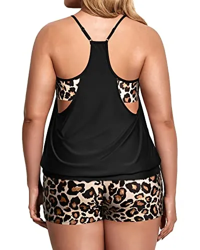 Plus Size Tummy Control Bathing Suits Push Up Tankini Top With Boy Shorts-Black Leopard
