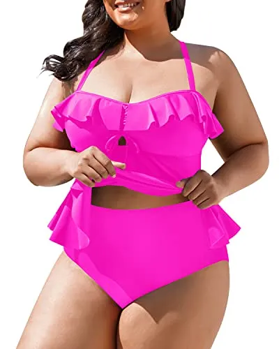 Plus Size Tummy Control Bathing Suits Swim Tops With Shorts-Neon Pink