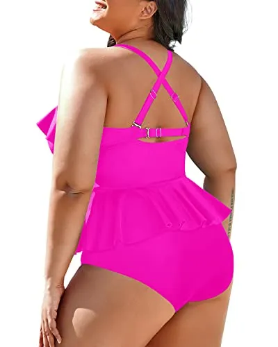 Plus Size Tummy Control Bathing Suits Swim Tops With Shorts-Neon Pink