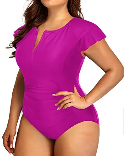 Plus Size Tummy Control Cap Sleeves Swimsuit With Zipper Front-Hot Pink