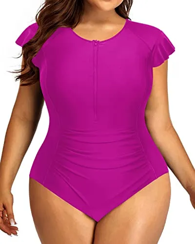 Plus Size Tummy Control Cap Sleeves Swimsuit With Zipper Front-Hot Pink