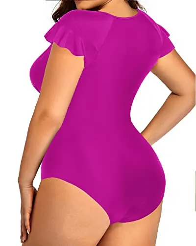 Plus Size Tummy Control Cap Sleeves Swimsuit With Zipper Front-Hot Pink