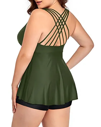 Plus Size V Neck Tankini Top Padded Bras For Women-Army Green