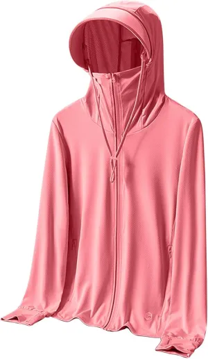Plus Size Womens Full Zip Sun Protection Jacket with Pocket Face Mask Hoodie Brim Thumb Hole Outdoor Hiking Cycling