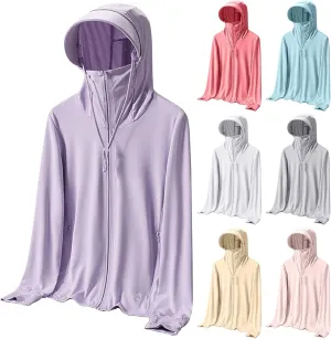 Plus Size Womens Full Zip Sun Protection Jacket with Pocket Face Mask Hoodie Brim Thumb Hole Outdoor Hiking Cycling