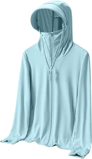 Plus Size Womens Full Zip Sun Protection Jacket with Pocket Face Mask Hoodie Brim Thumb Hole Outdoor Hiking Cycling