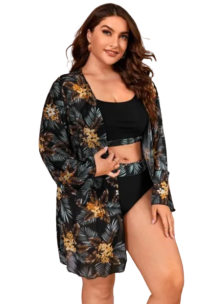 Plus Tropical Print Bikini Set 3 Piece Swimsuit Brown