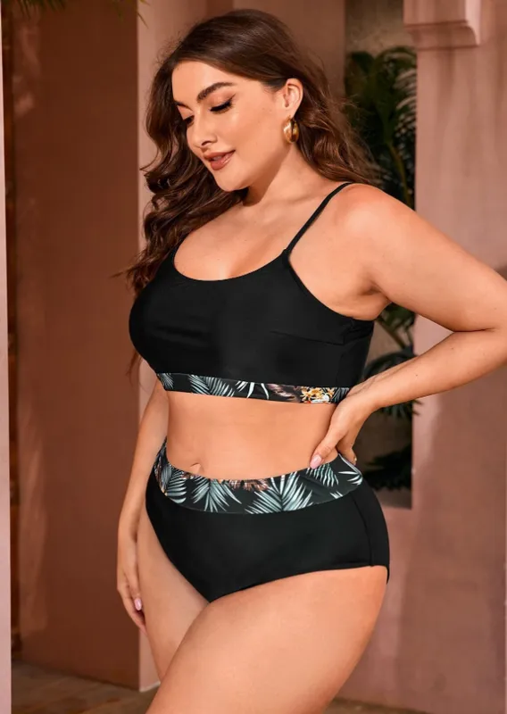 Plus Tropical Print Bikini Set 3 Piece Swimsuit Brown