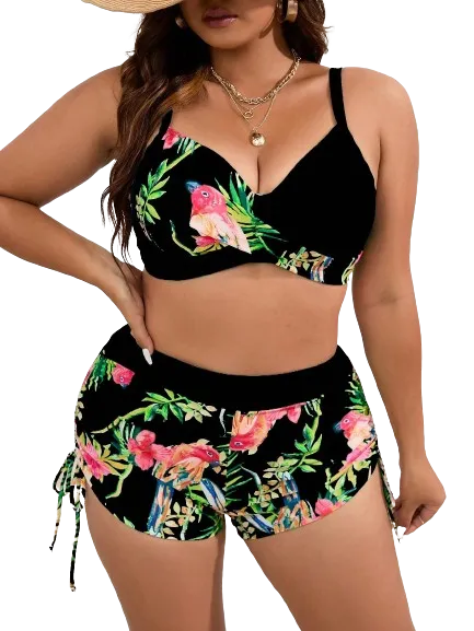 Plus Tropical Print Push Up Bikini Swimsuit Black
