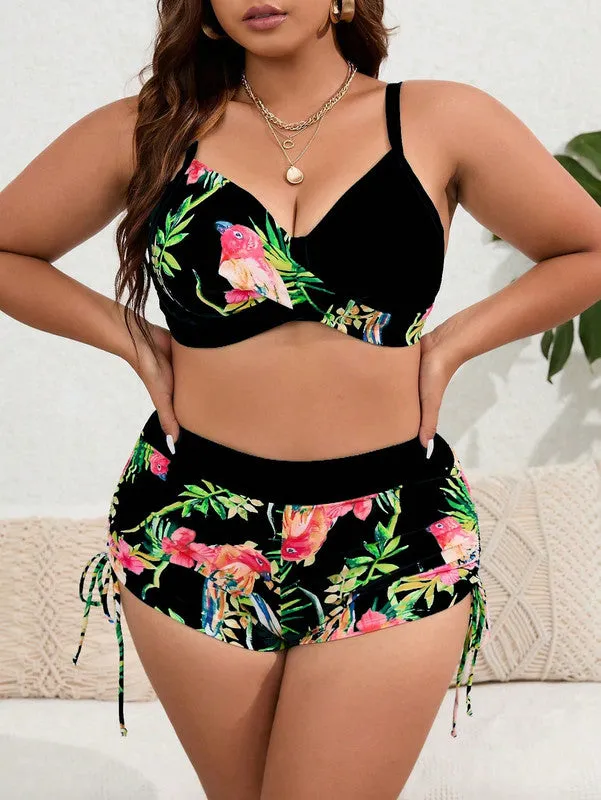 Plus Tropical Print Push Up Bikini Swimsuit Black