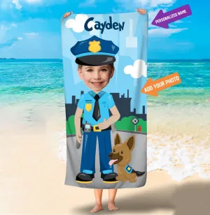Policeman Photo Towels, Kids Personalized Photo Face Beach Towel, Custom Photo Face Towels, Police Beach Towels, Boys Towel