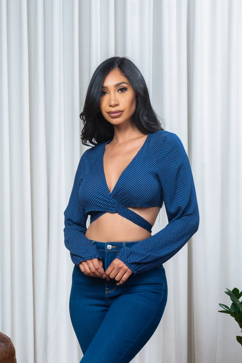 Polka Dot Long Sleeve Wrapped Waist Tie Back Crop Top in Navy & White (1751108)