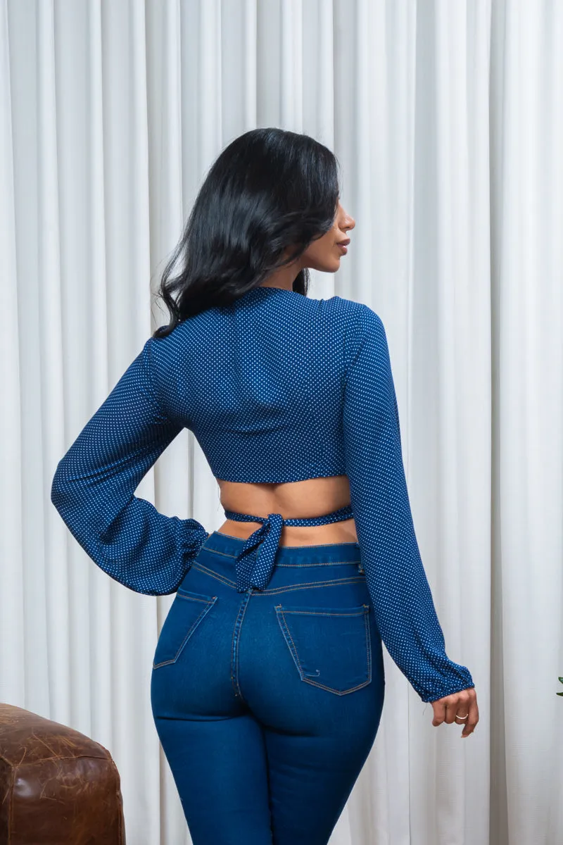 Polka Dot Long Sleeve Wrapped Waist Tie Back Crop Top in Navy & White (1751108)
