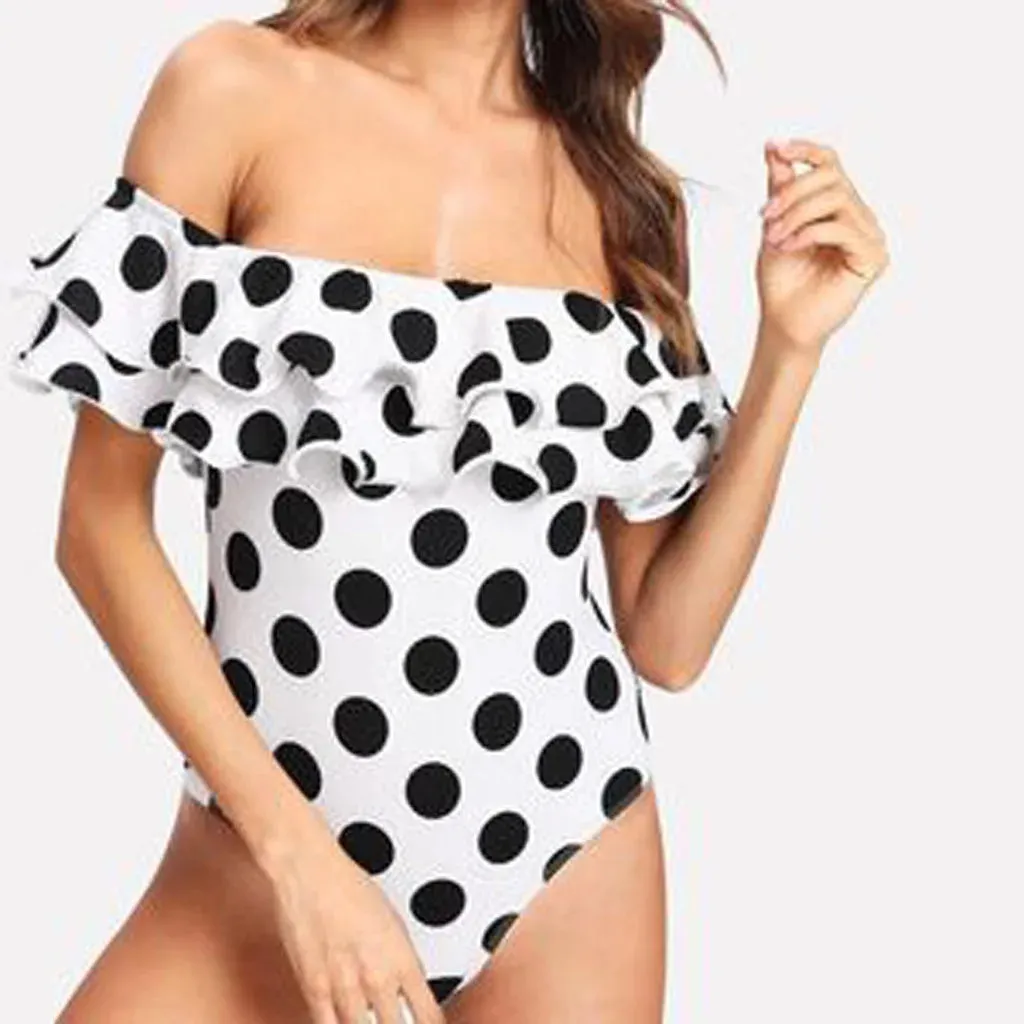 Polka Dot Ruffled Off-Shoulder One-Piece Swimwear Beachwear