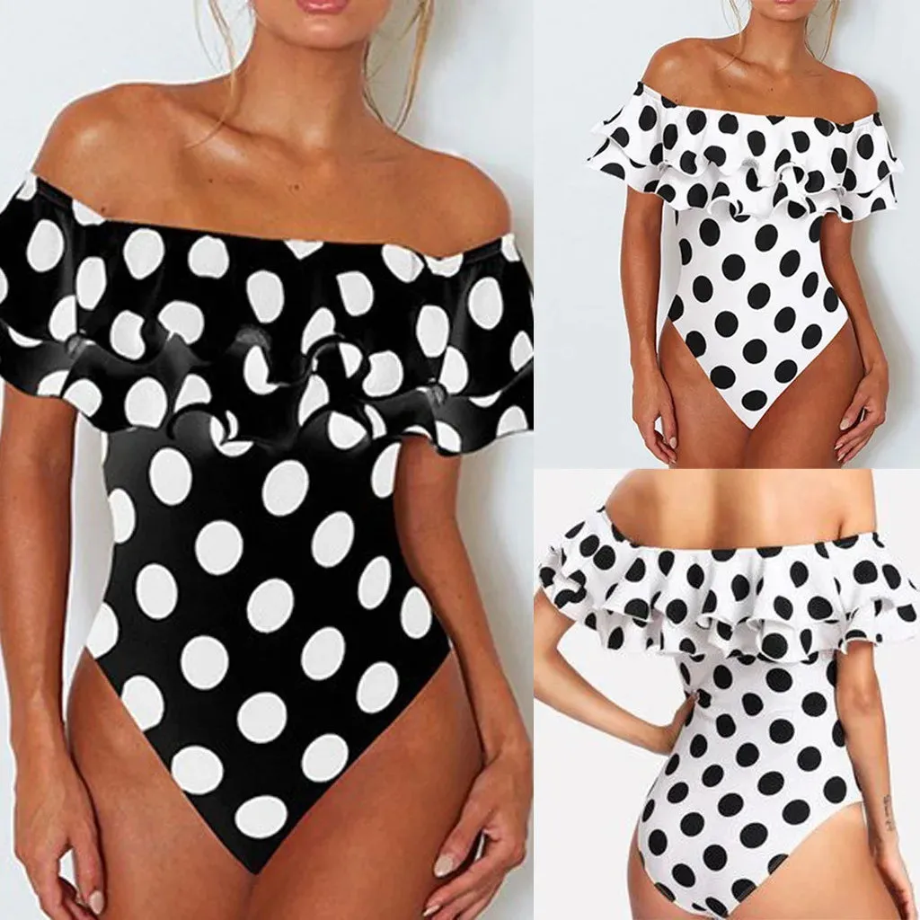 Polka Dot Ruffled Off-Shoulder One-Piece Swimwear Beachwear