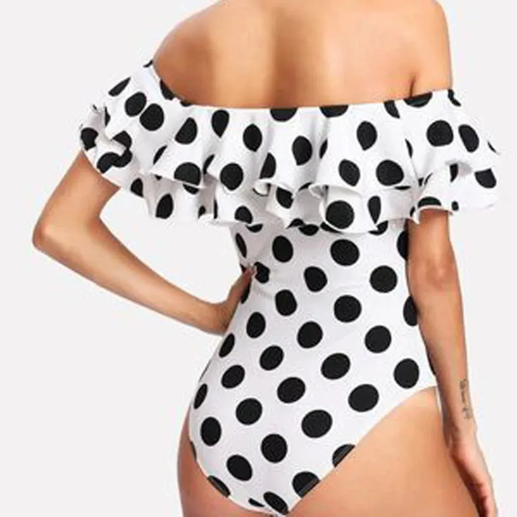 Polka Dot Ruffled Off-Shoulder One-Piece Swimwear Beachwear