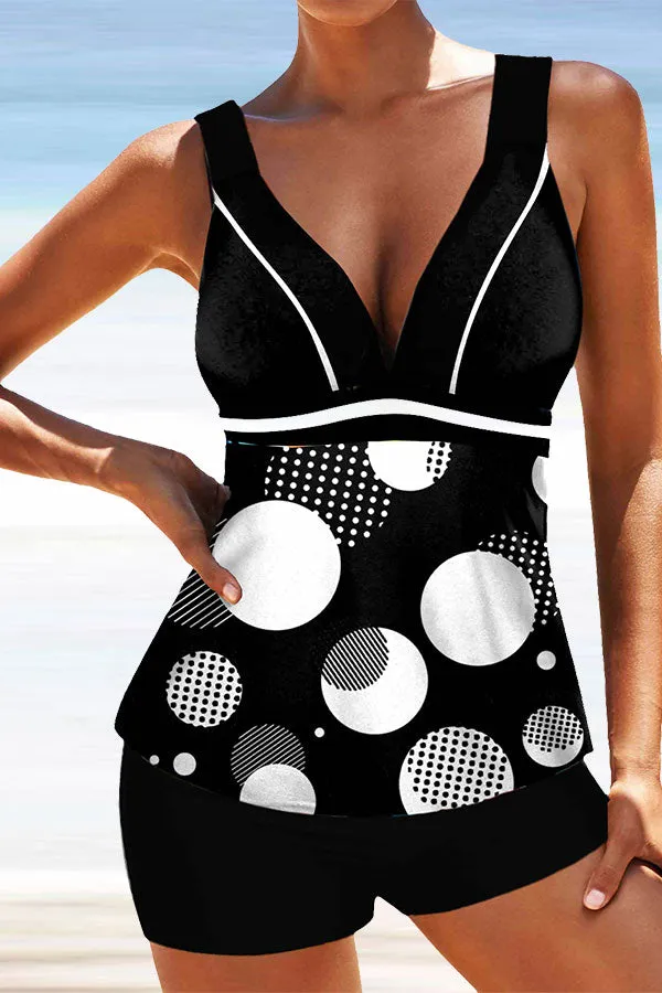 Polka Dot V Neck Casual Tankini & Shorts