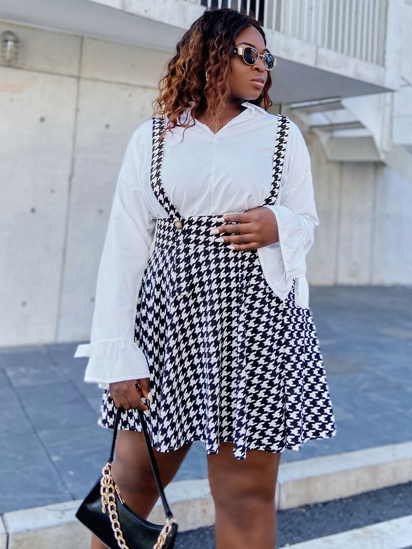 Preppy Houndstooth Sleeveless Straps Flared High Waist Short Plus Size Dress