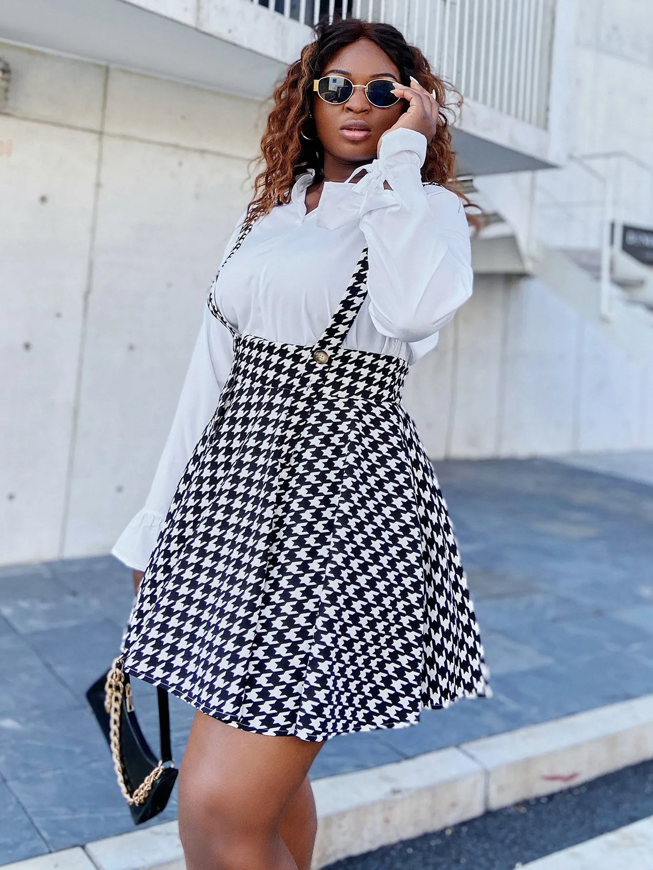 Preppy Houndstooth Sleeveless Straps Flared High Waist Short Plus Size Dress