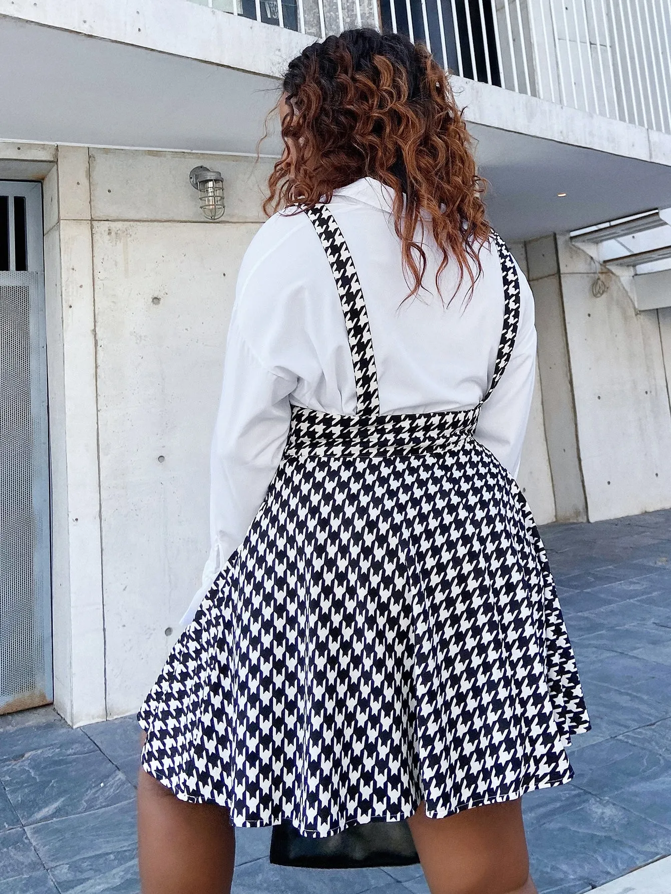 Preppy Houndstooth Sleeveless Straps Flared High Waist Short Plus Size Dress
