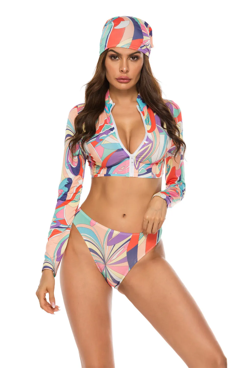 Printed V-Neck Three-Piece Swimsuit