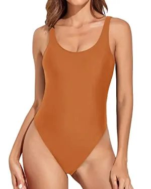 Push Up Bra Support Retro 80S High Cut One Piece Swimsuit-Dark Orange