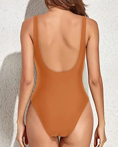 Push Up Bra Support Retro 80S High Cut One Piece Swimsuit-Dark Orange