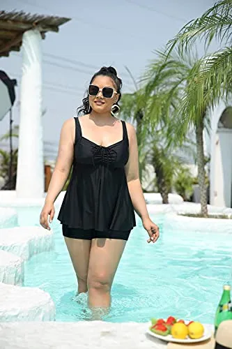 Push Up Padded Bra Plus Size Swimsuits Shorts For Women-Black