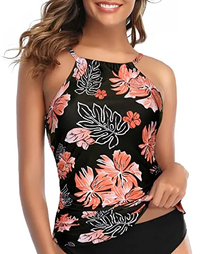 Push Up Padded Bra Ruched Women Tankini Top Only-Black Orange Floral