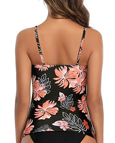 Push Up Padded Bra Ruched Women Tankini Top Only-Black Orange Floral