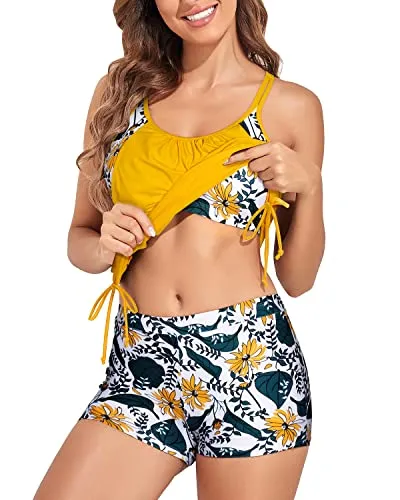Push Up Women's Tankini Swimsuit Two Piece Tummy Control Bathing Suits-Yellow Floral