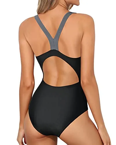 Quick-Dry Splicing Athletic One Piece Swimsuits-Black Gray