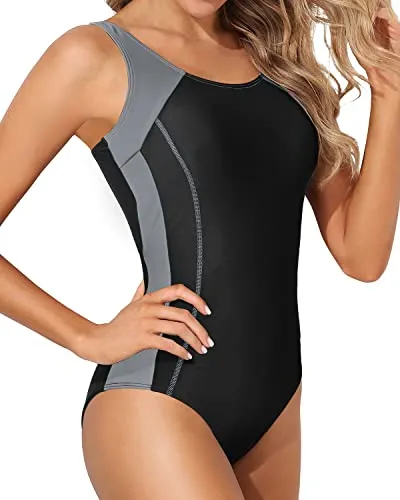 Quick-Dry Splicing Athletic One Piece Swimsuits-Black Gray